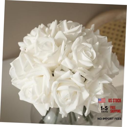 Artificial Roses Single Stem 10pcs Fake Silk Flower White(not Include Vase)