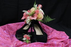 Pink calla lily & rose, creme rose floral bouquet with matching boutonniere