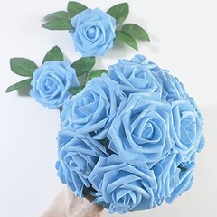 Artificial Rose, 25pcs Foam Artificial Flowers with Stem for Home Aqua Blue