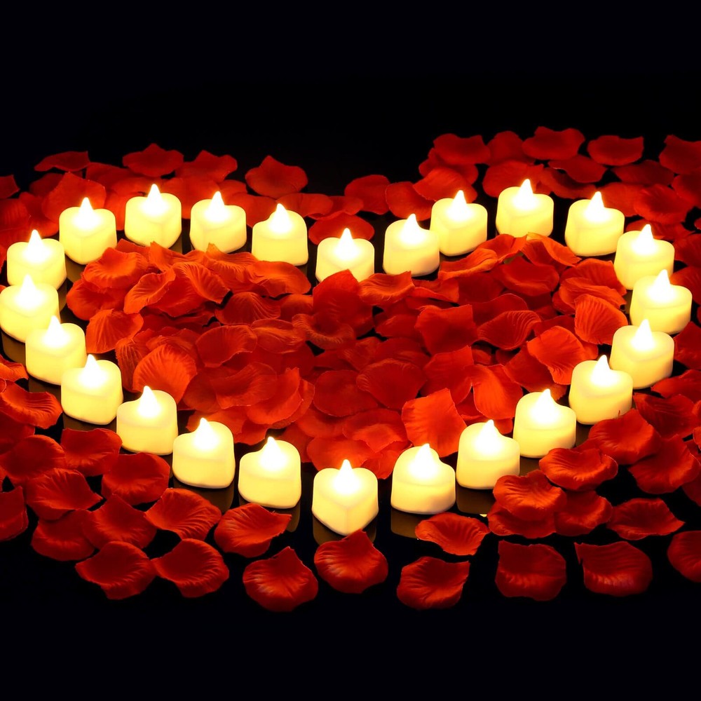 2000 Pcs Artificial Rose Petals with 24 Pcs Heart Flameless Tea Light Candles