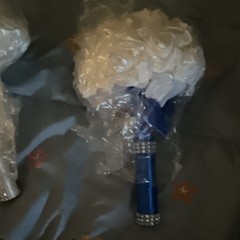 Artificial Wedding Bouquet White Flowers w/ Blue Handle, 9in, Pack 10