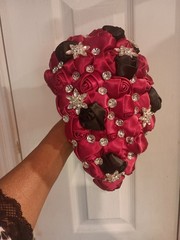 Red & Black Satin Rose Bridal Bouquet, Cascade With Silver Rhinestones