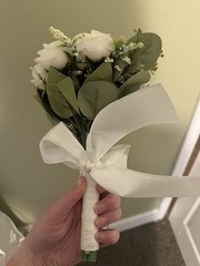 Artificial White & Lavender Rose Wedding Bouquet w/ Eucalyptus, Ribbon Handle