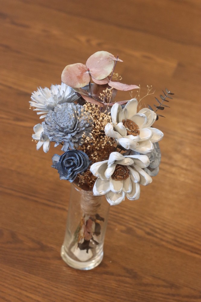 Sola wood flowers, dried eucalyptus and sweet annie bouquet, handmade, 14×6 in.