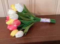 24 stem Yellow, white and pink tulip wedding bouquet