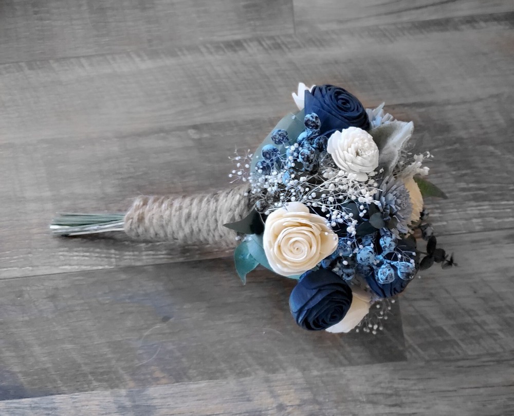 Dusty Blue Bridal Bouquet Navy Sola Wood Wedding Flowers Eucalyptus Bridesmaid