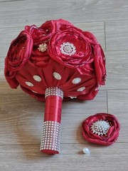 Bridal bouquet – Red/ Burgundy Melted Satin Roses Brooches – Buttonhole flower
