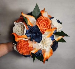 Orange Navy Blue Ivory Rose Calla Lily Sola Wood Bridal Wedding Bouquet Accessor