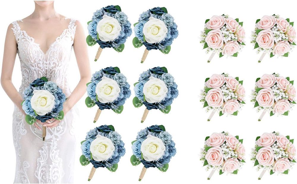 Dusty Blue & Peach Rose Bridesmaid Bouquets Set of 6 for Weddings