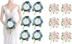 Dusty Blue & Peach Rose Bridesmaid Bouquets Set of 6 for Weddings