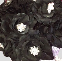 Brooch & Pearl Black Bouquet Bridal Flowers Metallic Silver Ribbon + Freebie NEW