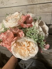 wedding bouquet bridal artificial silk flowers. Peach/Cream and Pink.