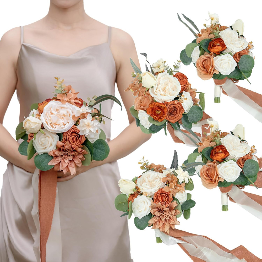 Set of 4 Terracotta Bridesmaid Bouquets for Vintage Weddings and Proposals