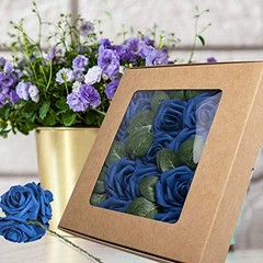 Artificial Flowers 25pcs Real Looking Foam Fake Roses with 25Pcs Royal Blue
