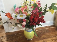 VINTAGE SILK FLOWER mixed flowers COTTAGE ARRANGEMENT CaleCA pitcher with DAMAGE
