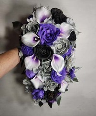 Purple Silver Black Rose Calla Lily Real Touch Bridal Wedding Bouquet Accessorie