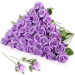 36 Pcs Silk Rose Bouquet Bridal Artificial Flowers,Fake Rose Long Stem Purple