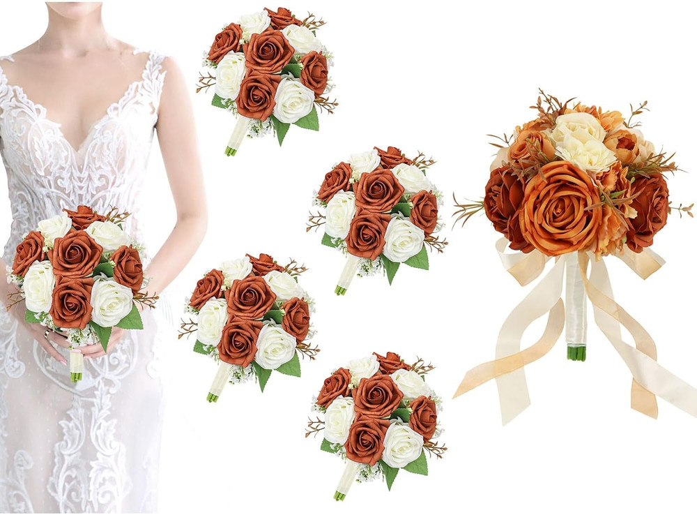 Burnt Orange Rose Bridal Bouquets Set of 5 for Autumn Weddings & Events