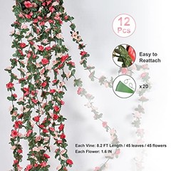 12Pcs 98.4Ft Flower Garland Artificial Rose Vines for Bedroom, 12 Pcs Pink