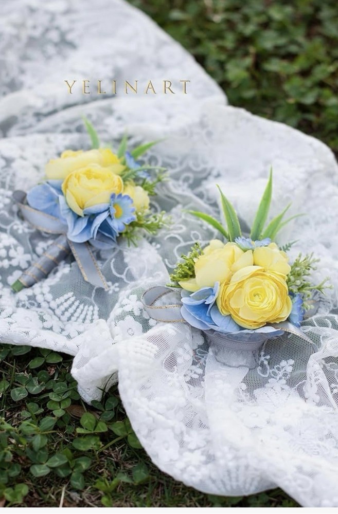 Yelinart Corsage & Boutonniere Artificial Yellow Rose Blue Flowers 2 piece set