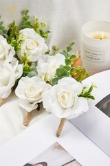 Ivory White Rose Boutonnieres for Men, Set of 2, Artificial Corsage