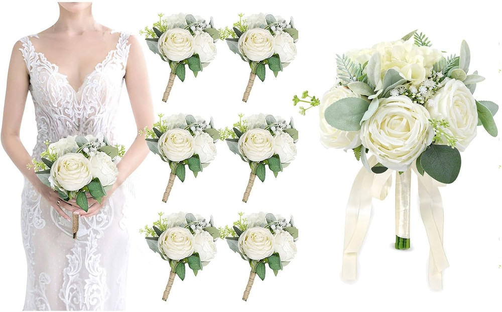 Set of 6 Ivory White Artificial Rose Wedding Bouquets for Bride & Bridesmaids