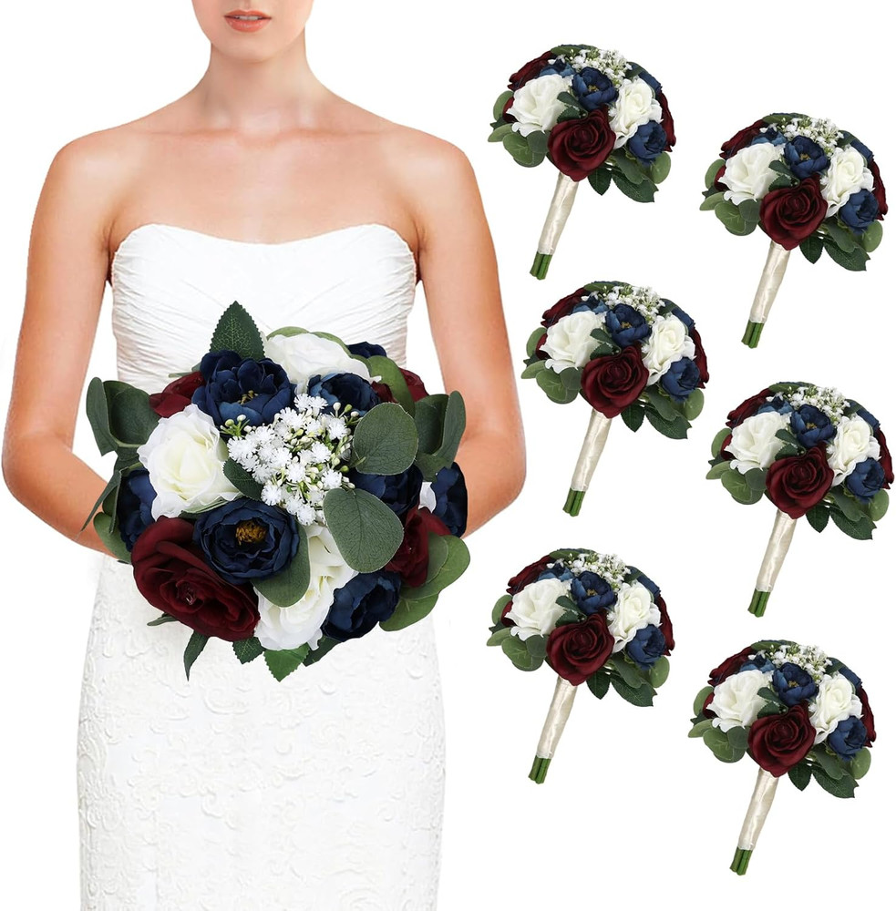 Set of 6 Burgundy & Navy Blue Bridesmaid Bouquets for Wedding Decor