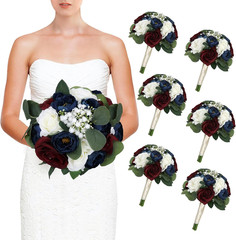 Set of 6 Burgundy & Navy Blue Bridesmaid Bouquets for Wedding Decor