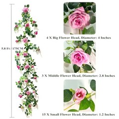 5.9FT Bendable Rose Flower Garlands, Artificial Silk Wild Roses Vine 2 Purple