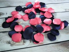 Coral and navy satin rose petals, 25 count artificial petals