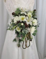 Petite Whites and Pine Faux Silk Cascade Wedding Bouquet