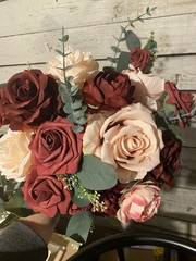 Wedding bouquet In Champagne And Burgundy With Matching Boutonnière