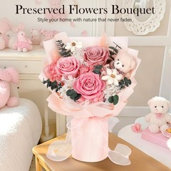 Preserved Flowers Bouquet with Bear, 3 Real Forever for Pink