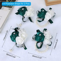 4 Pcs Wrist Corsage and Boutonnieres Set Silk Rose Wedding Bridesmaid Dark Green