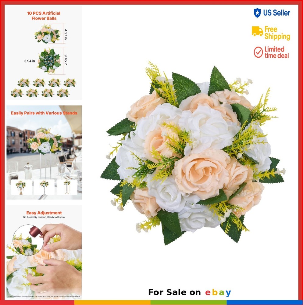 Set of 10 Artificial Flower Ball Bouquets 9.5 Inch Champagne White Rose