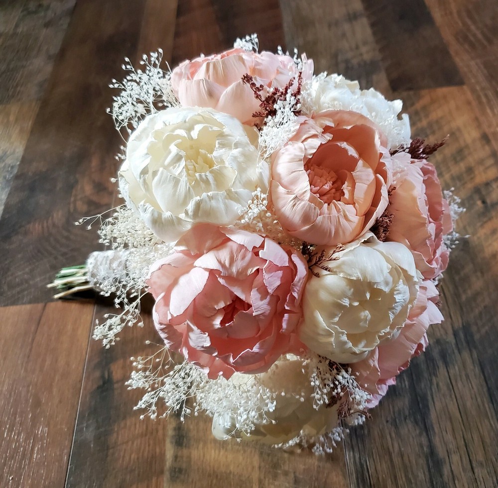 8PC Pink White Bridal Bouquet Wedding Flower Set Artificial Sola Wood Bridesmaid