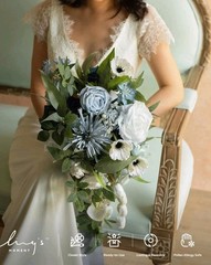 Ling’s Moment Dusty Blue Bridal Bouquet Cascading Wedding 15” Artificial Flowers
