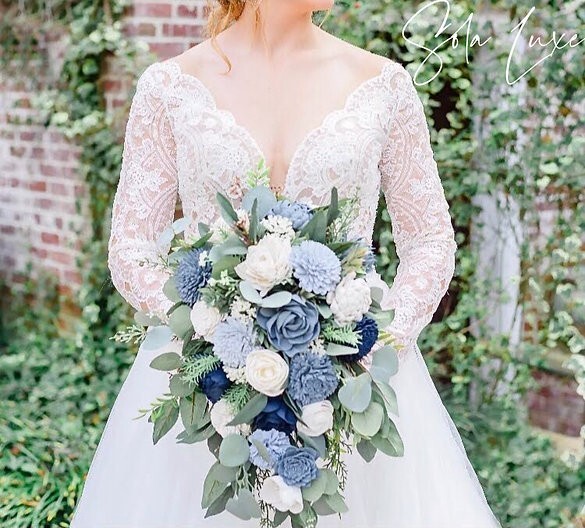 Bridal Bouquet Cascade Sola Wood Ivory Dusty Blue Slate Navy Wedding Flowers