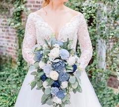 Bridal Bouquet Cascade Sola Wood Ivory Dusty Blue Slate Navy Wedding Flowers
