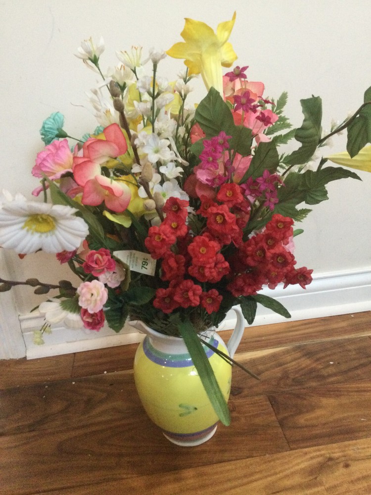 VINTAGE SILK FLOWER mixed flowers COTTAGE ARRANGEMENT CaleCA pitcher with DAMAGE