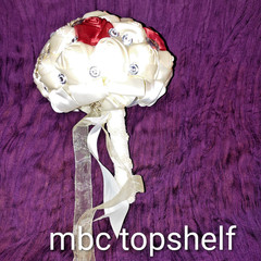 Bridal Satin Rose Brooch Bouquet w/ Rhinestones & Pearls Red Ivory Wedding