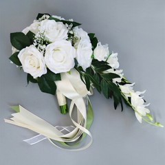 Bridal Artificial Rose Bouquet Silk Flowers Bridesmaid Drop Shape Decor