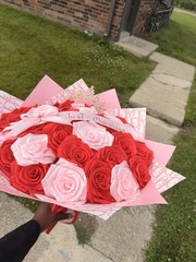 Artificial Red & Pink Rose Wedding Bouquet with “Just Married” Ribbon