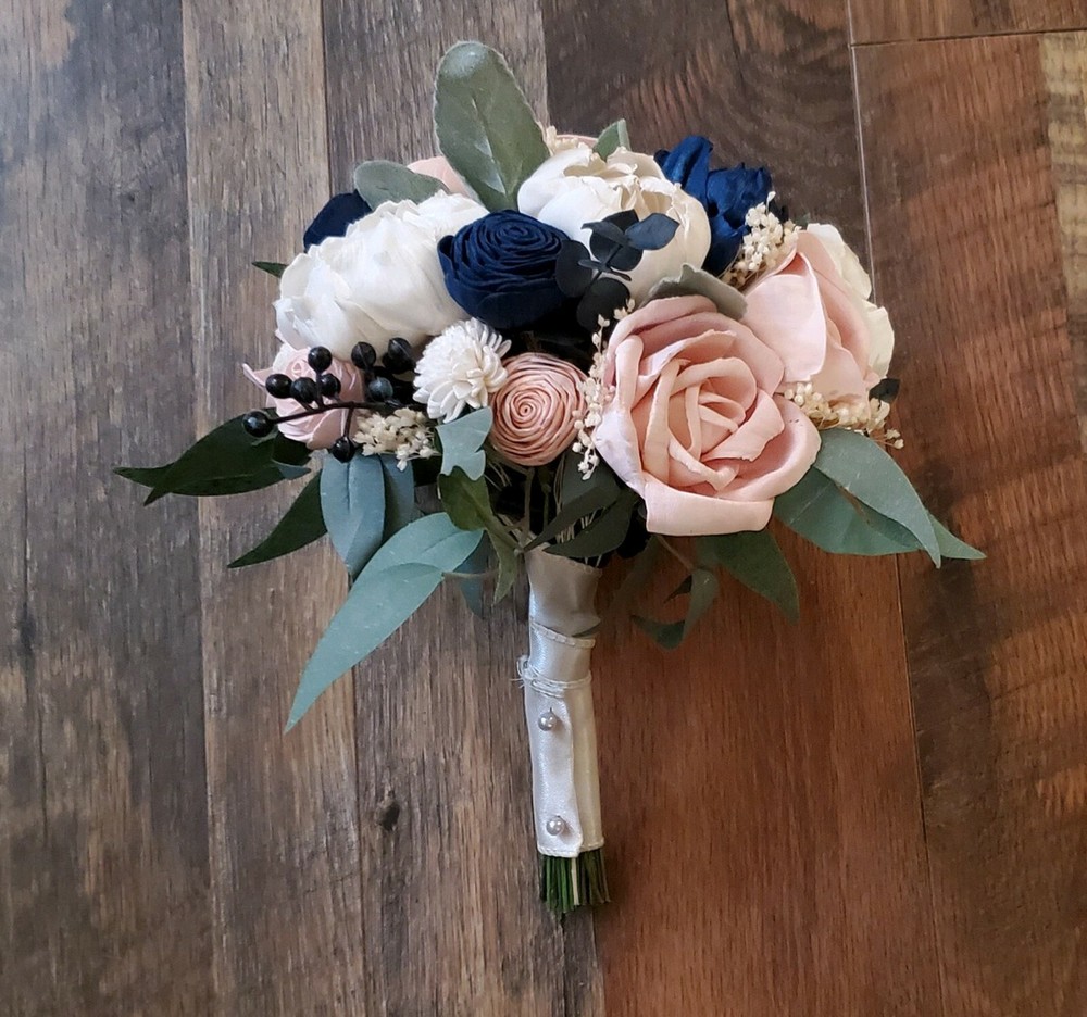 Pink Navy Blue Bridal Bouquet Blush Dusty Rose Blush Artificial Wedding Flowers
