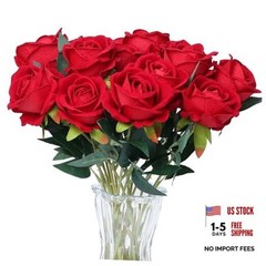 15PCS Artificial Roses Silk Flowers Fake Roses Realistic Bouquet Long Stem Red