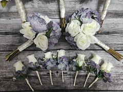 12 Piece Wedding Bouquet Set, Purple, Ivory, Rose, Peony, Vintage Style Bouquets