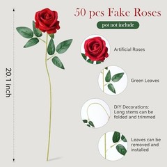 50 PCS Roses Artificial Flowers, Real Looking Fake Roses with Long Stems Red