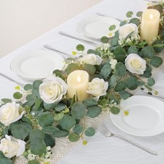 4Pcs(26 Ft) Artificial Eucalyptus & Rose Flower Garland, Faux Rose 4PCS White