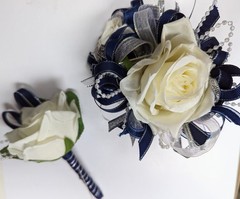 Navy Blue and Ivory SILK Flower Wrist Corsage & Boutonniere Set, Prom wedding