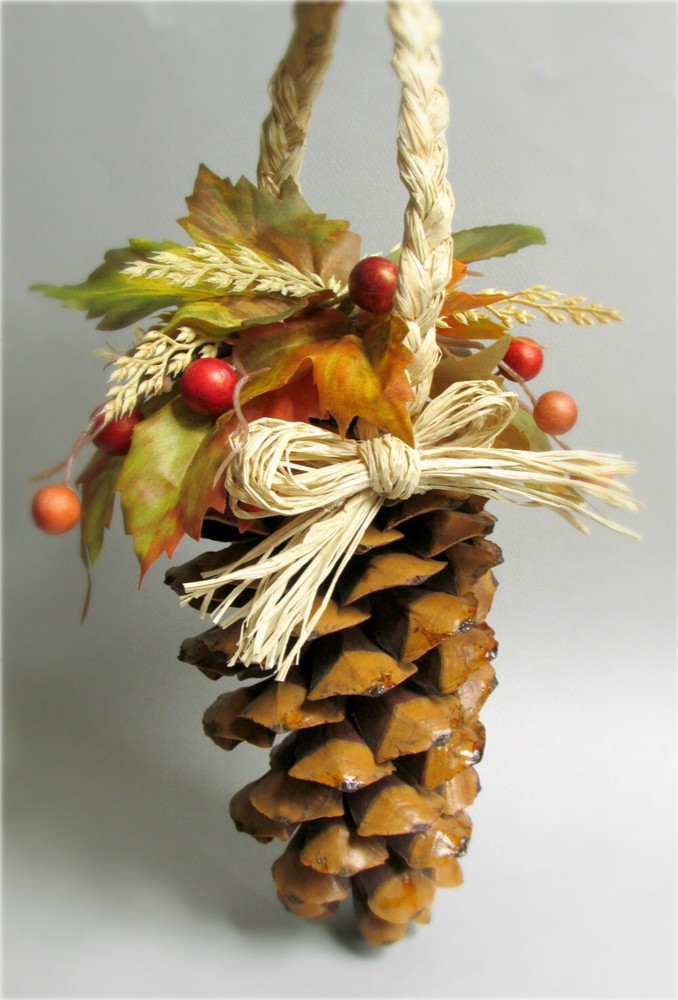 HANDMADE Fall NATURAL Pine Cone SILK Autumn Leaf Braided Raffia Pomander